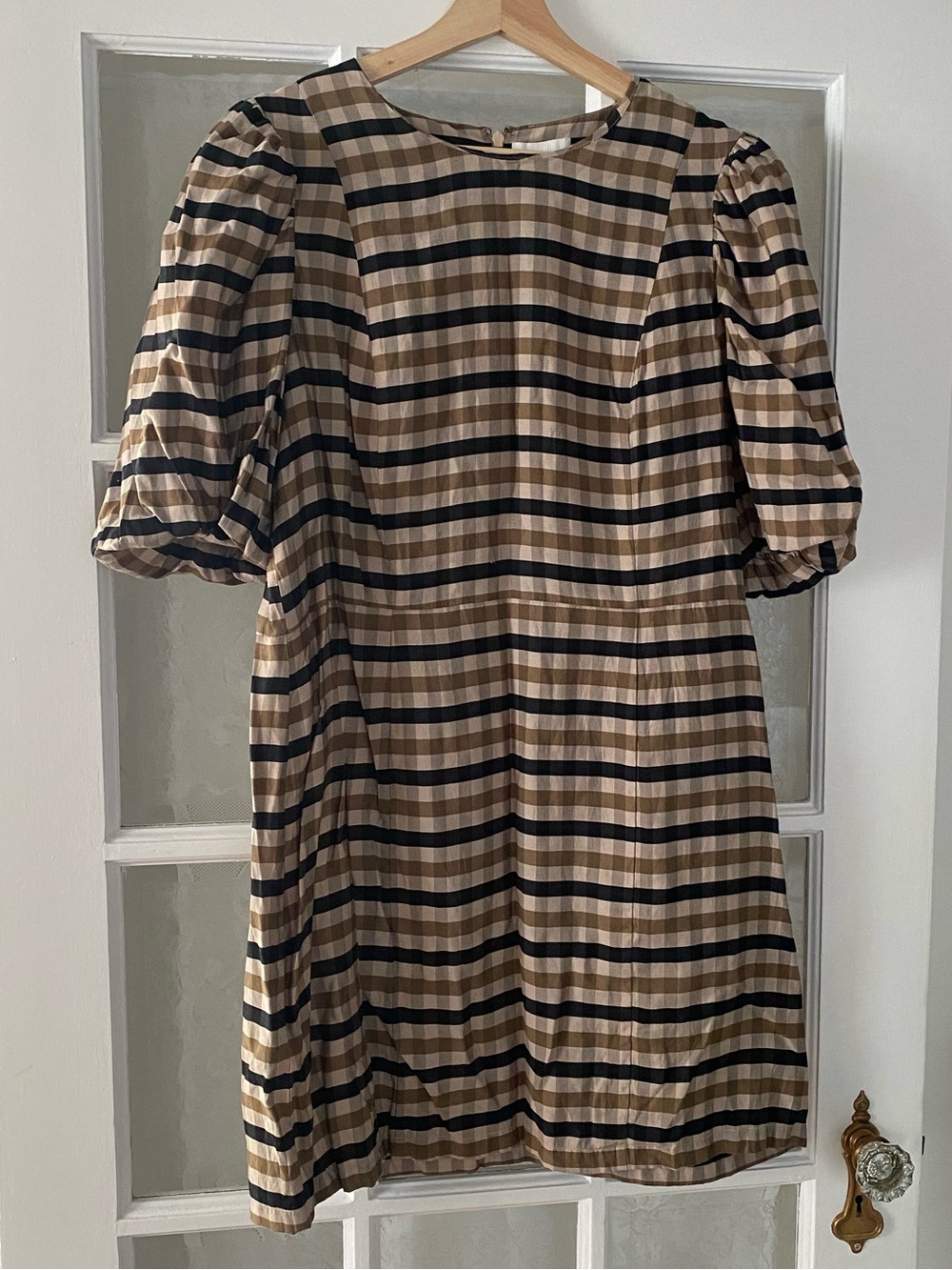 H&M Beige and Black Checked Puff Sleeve Mini Dress